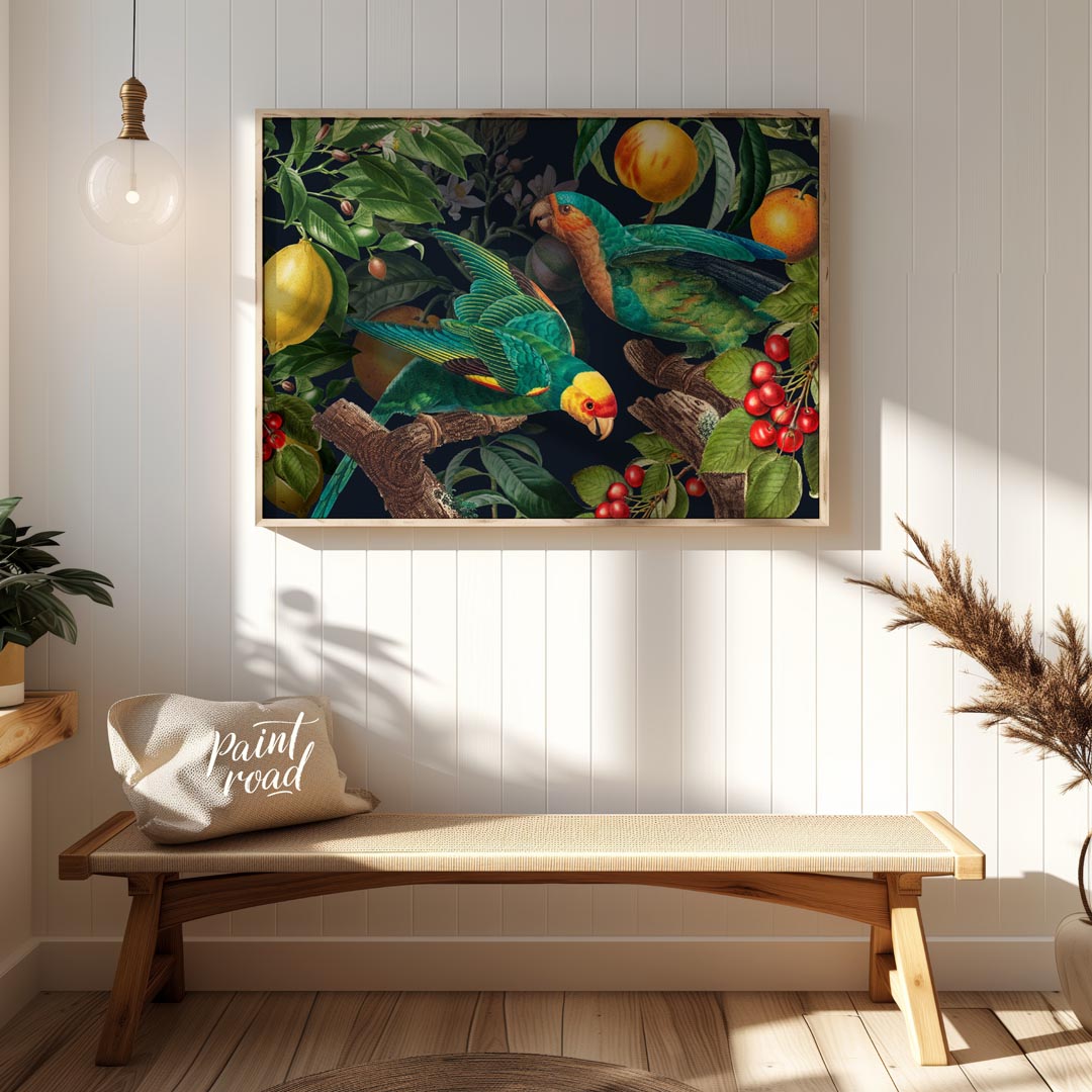 Parrots and Fruit in Deep Botanical Scene