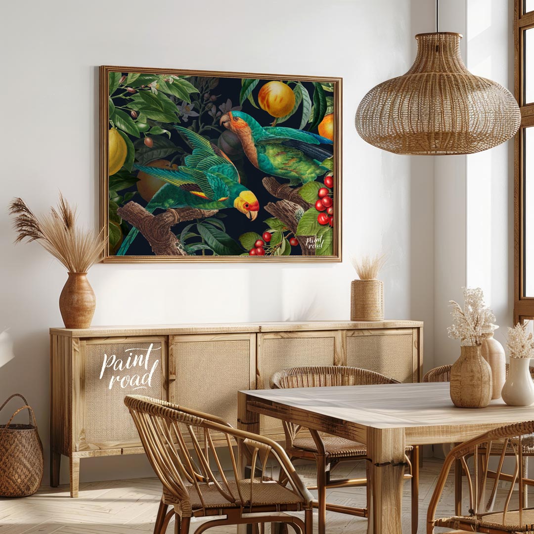 Parrots and Fruit in Deep Botanical Scene