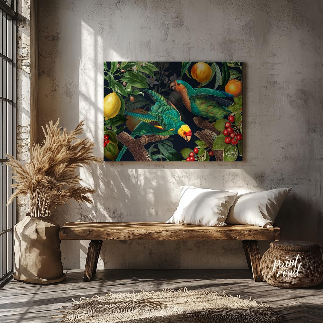 Parrots and Fruit in Deep Botanical Scene