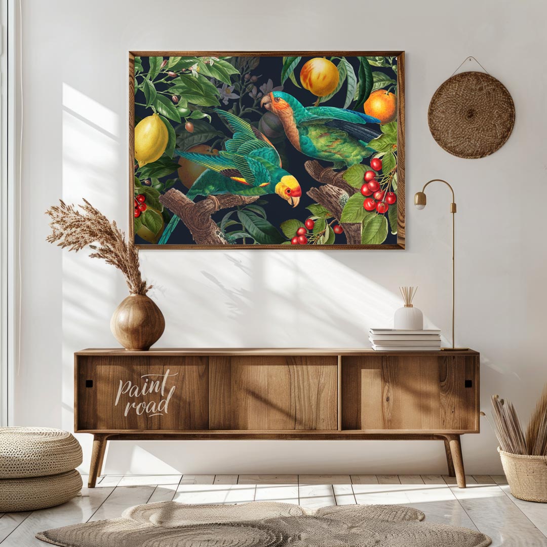 Parrots and Fruit in Deep Botanical Scene