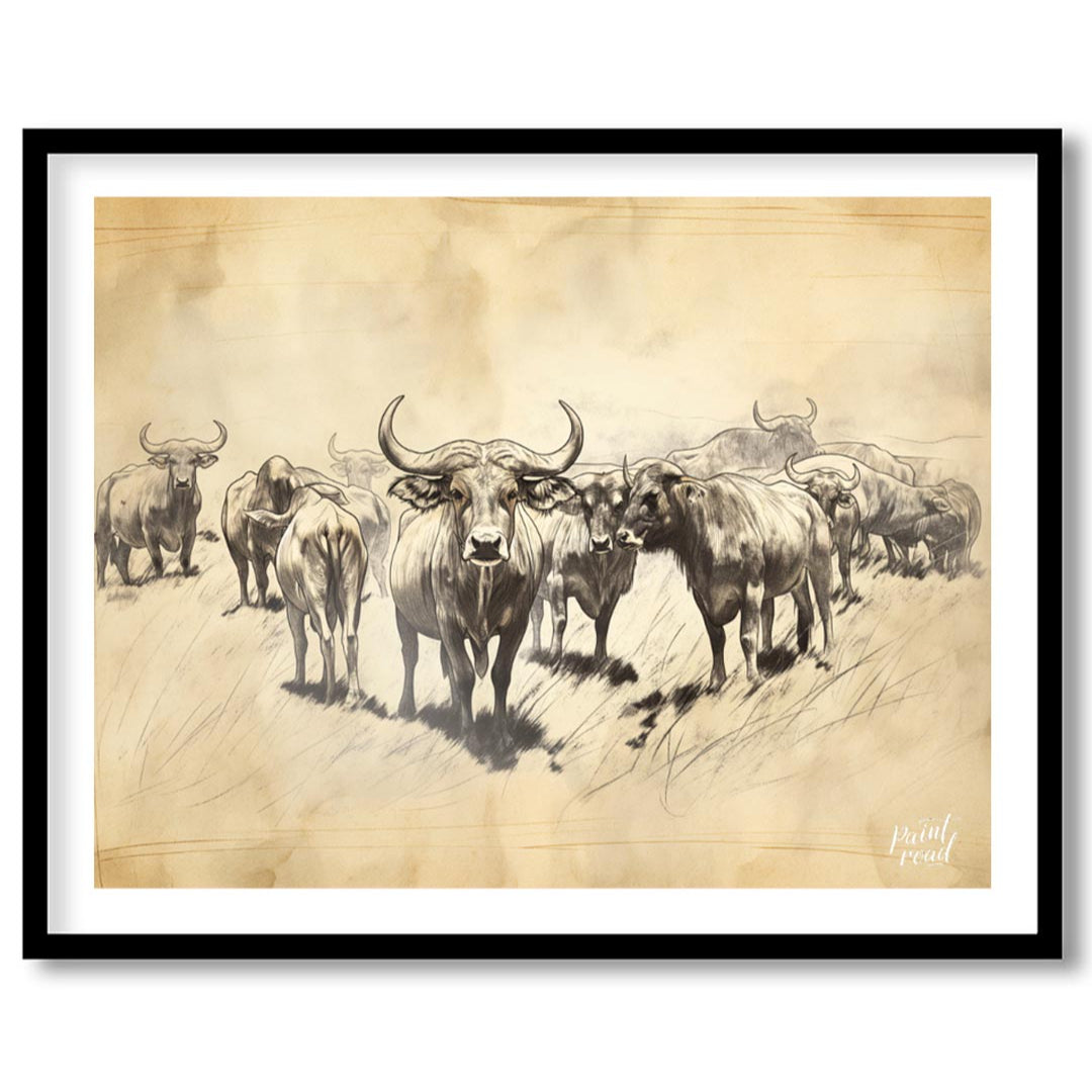 Herd of Water Buffalo Sketch