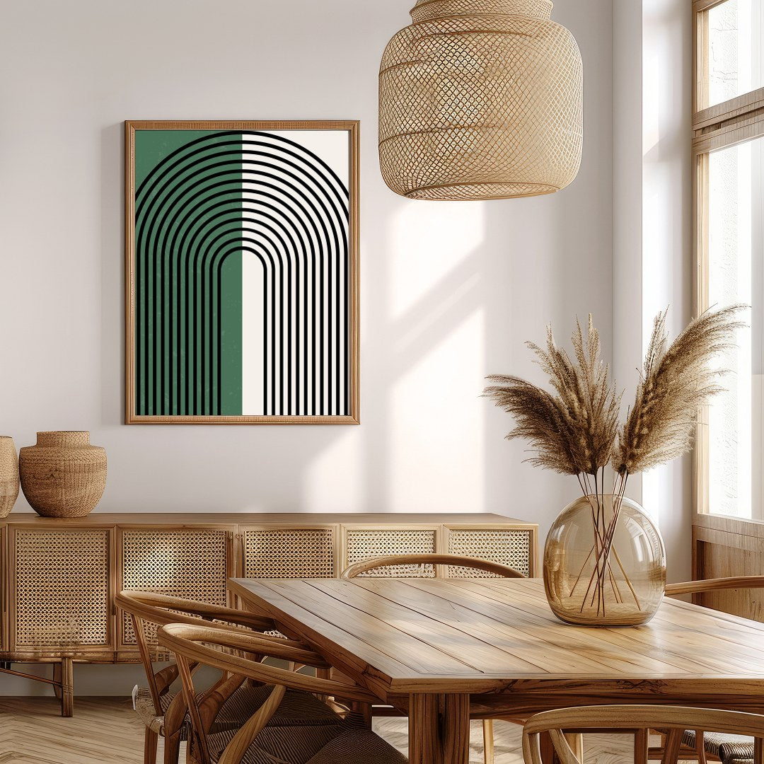 This striking artwork features an elegant arch pattern with bold black lines set against a for Extra Kitchen