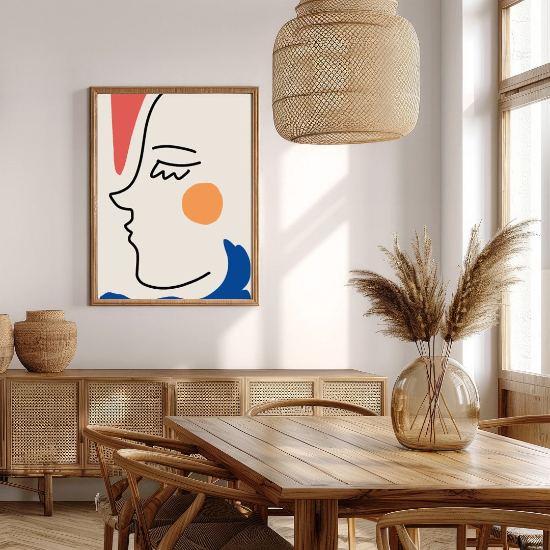 This captivating minimalist artwork features a continuous line drawing of a face, accented with for Extra Kitchen