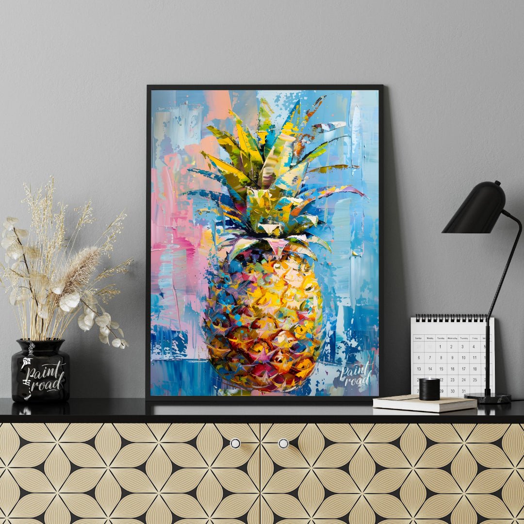This vibrant painting presents a stylized pineapple with a burst of abstract energy. The artist emp… for living room