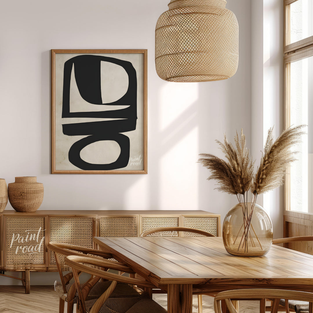 """Abstract Totem"" presents a striking composition of bold, black shapes against a textured, neutr… for dining room