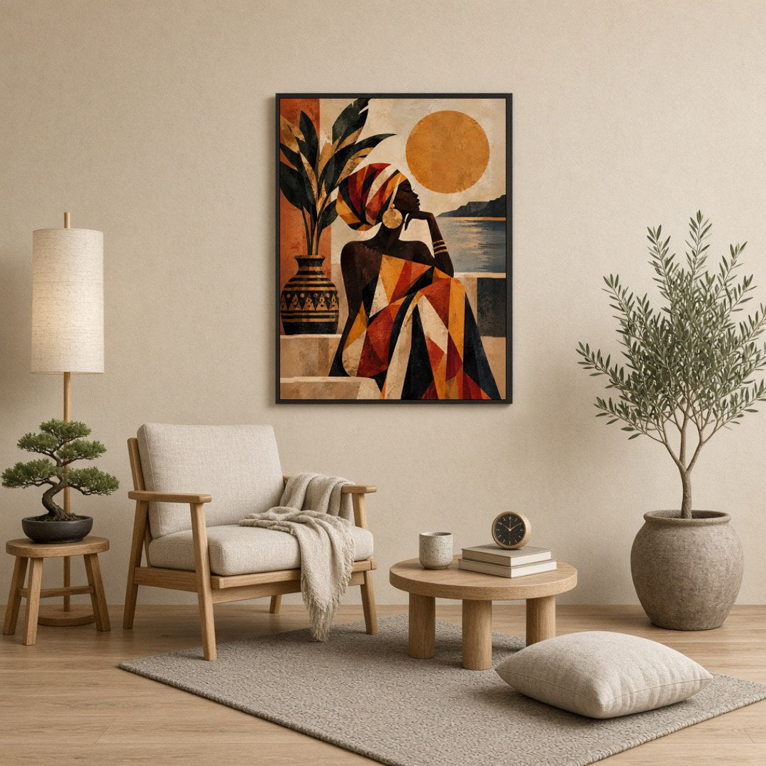 Immerse yourself in the captivating beauty of this Afro-desert scene, where a graceful woman gazes for Reading Nook