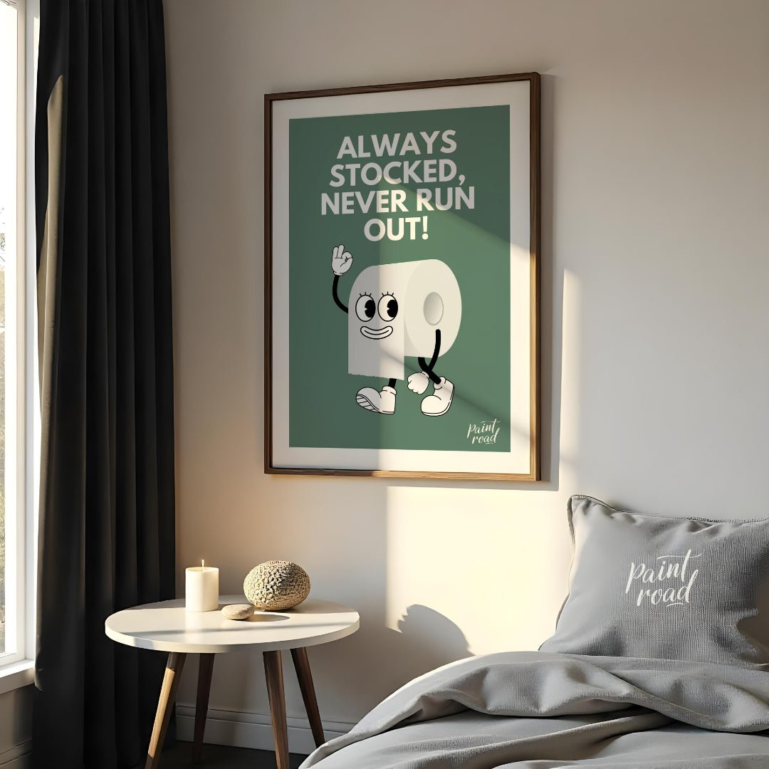 This humorous and practical graphic poster features a playful cartoon depiction of a roll of toilet… for bedroom
