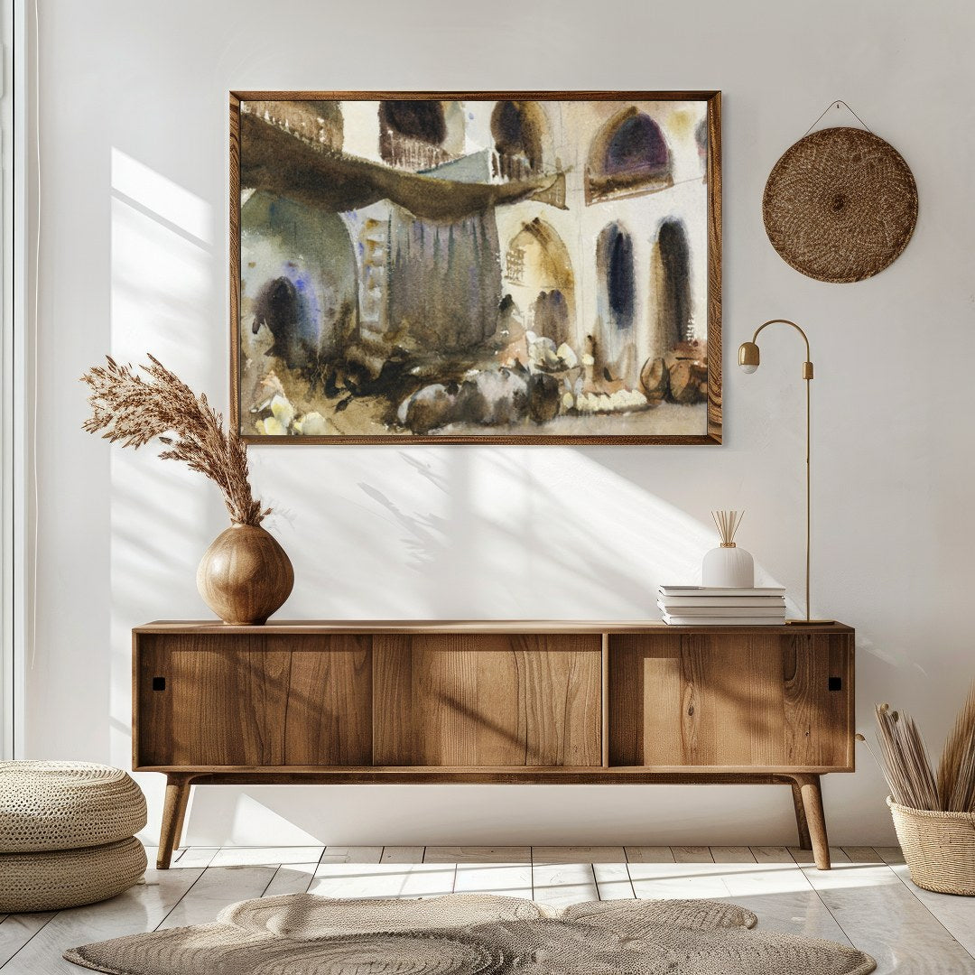 Immerse yourself in the bustling atmosphere of an Arabian market with this evocative watercolor for Sitting Area