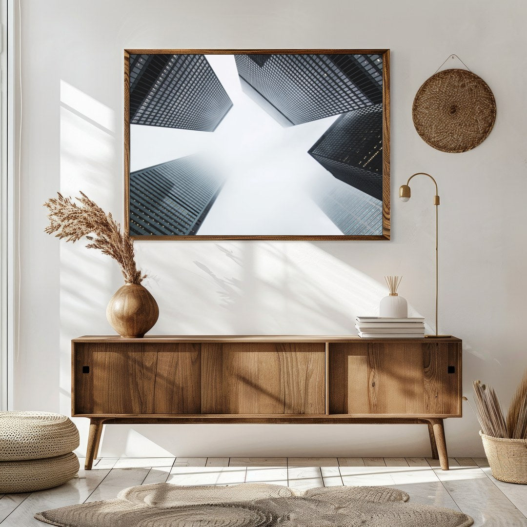 Capture the essence of urban architecture with this striking depiction of towering skyscrapers for Sitting Area