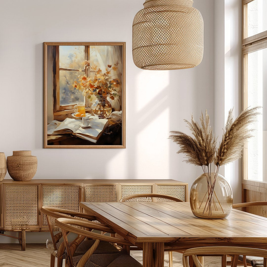 Capture the essence of a crisp autumn morning with this serene still life artwork. Featuring a for Extra Kitchen