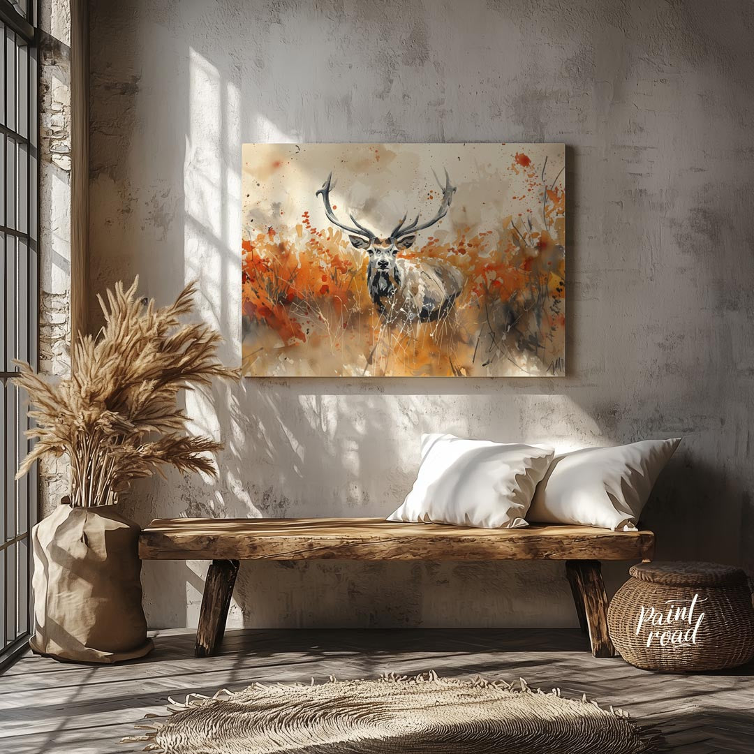 This striking watercolor painting captures a majestic stag with impressive antlers, standing proudl… for other