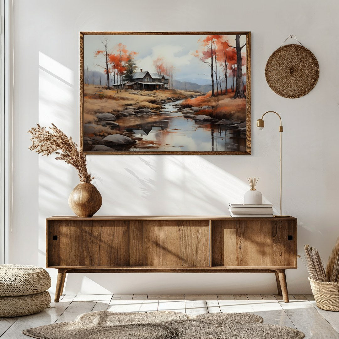 This exquisite artwork portrays a rustic cabin nestled beside a serene creek, surrounded by the for Sitting Area