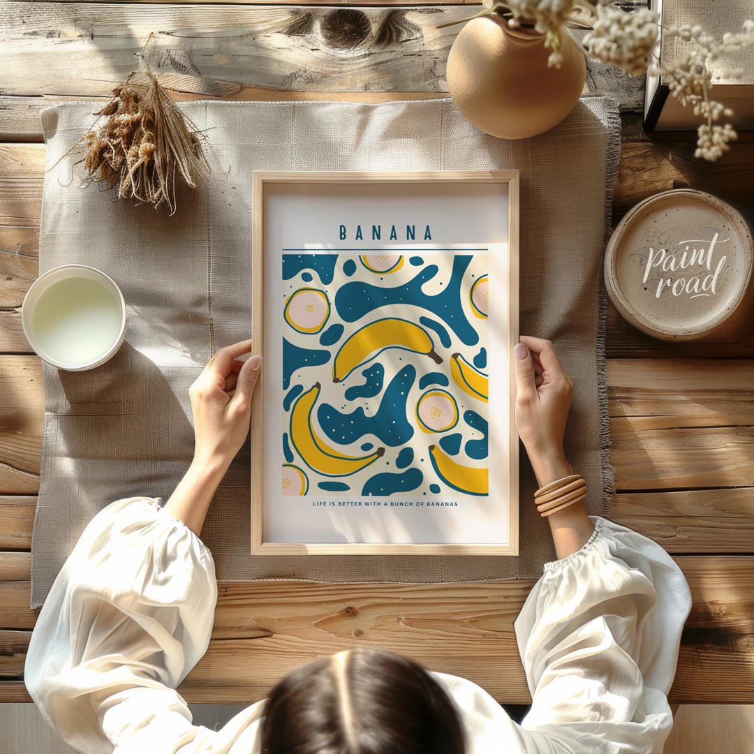 This playful and graphically engaging poster features a vibrant repeating pattern of bananas, bring… for dining room