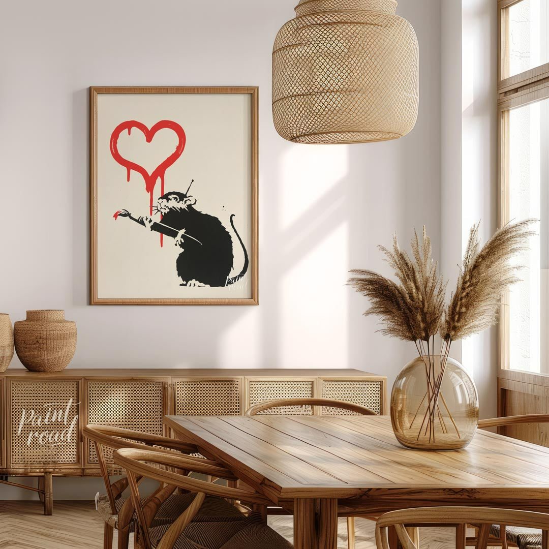 This striking art print features Banksy’s “Love Rat” stencil, depicting a black rat holding a paint… for dining room