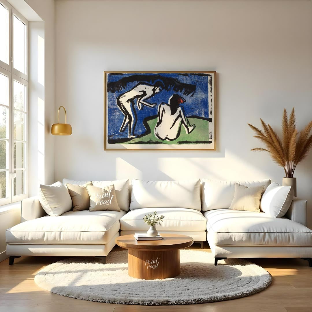 Bathing Couple Painting available online at Paintroad showing angular forms art collector and art history