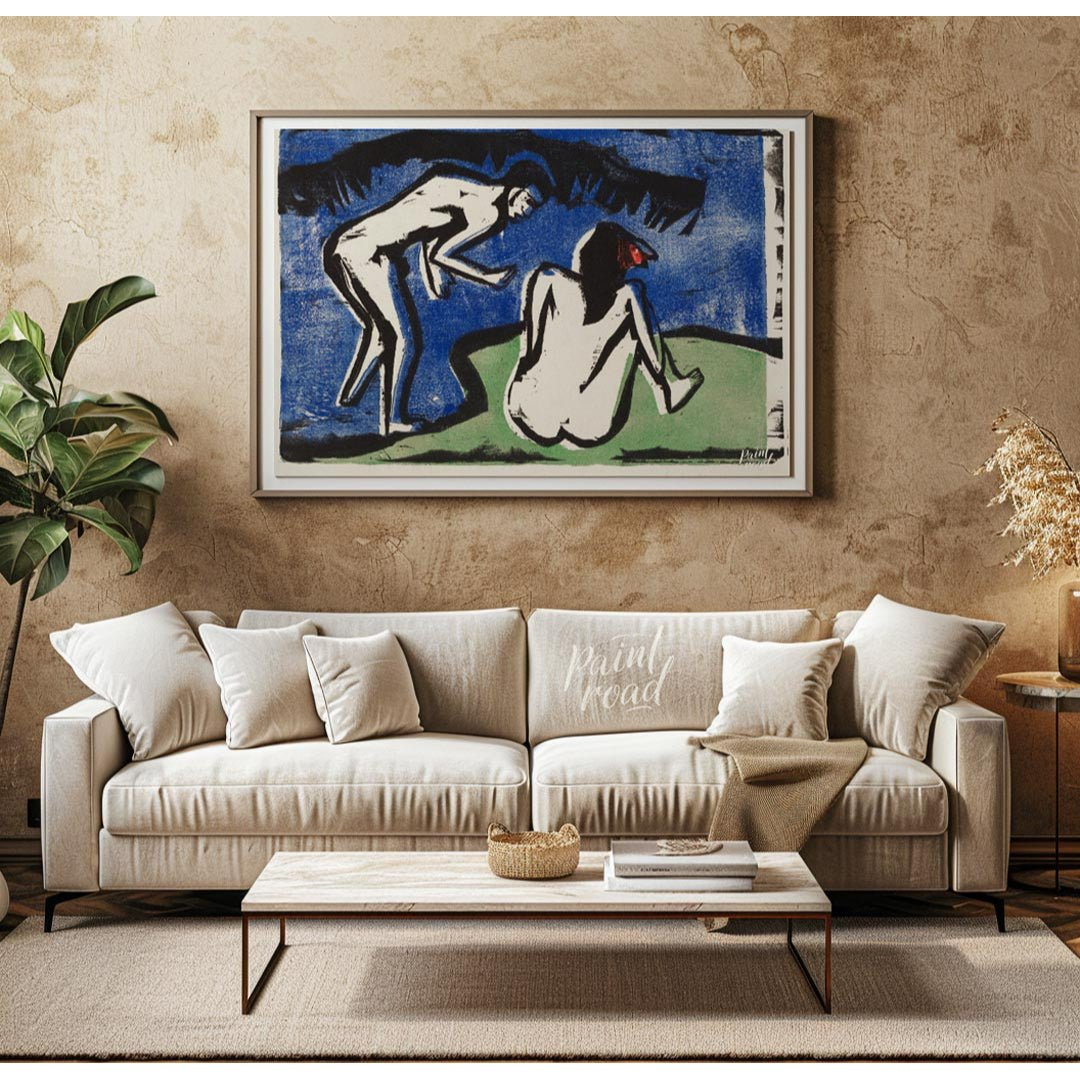 Bathing Couple Painting available online at Paintroad showing angular forms art collector and art history
