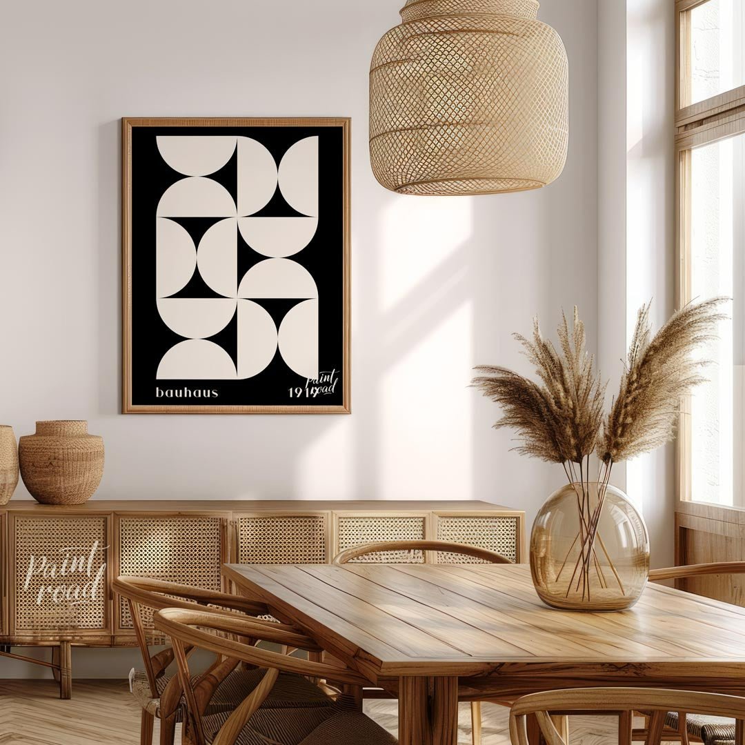 This Bauhaus-inspired poster showcases a dynamic arrangement of white semi-circular and quadrant sh… for dining room