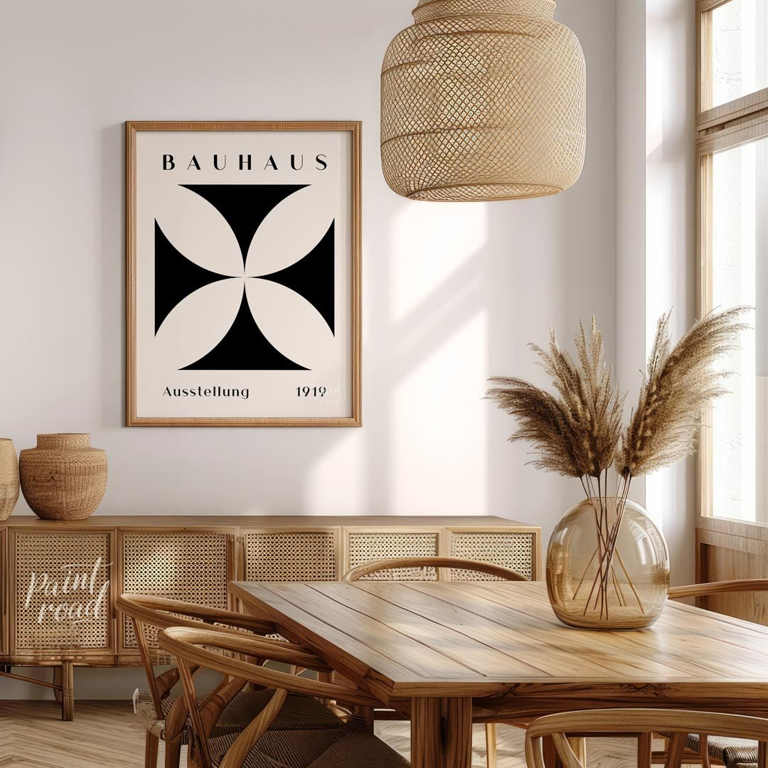 A quintessential example of Bauhaus design, this poster features a bold, graphic black quatrefoil s… for dining room