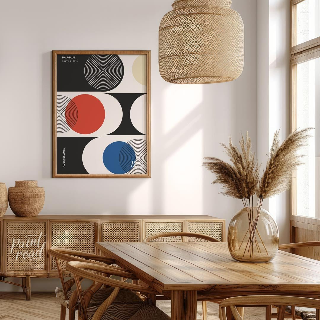 This sophisticated Bauhaus-inspired poster presents a harmonious arrangement of circular and semi-c… for dining room