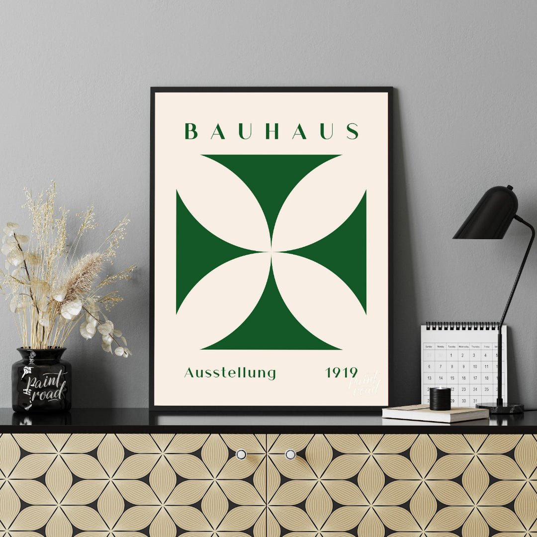 This poster is a vibrant interpretation of Bauhaus principles, showcasing a strong, graphic quatref… for office