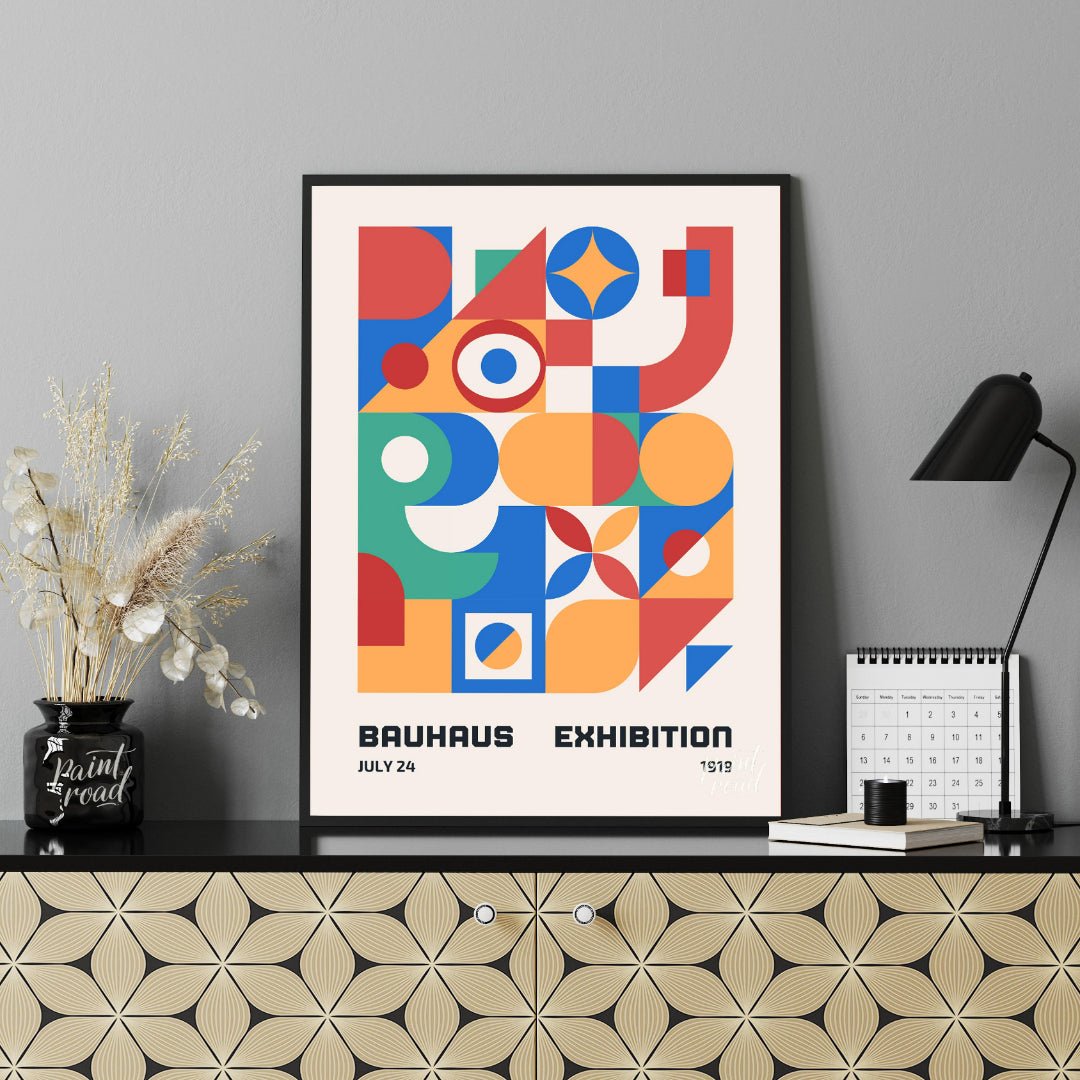 This vibrant Bauhaus-inspired poster is a celebration of geometric abstraction and primary colors. … for office