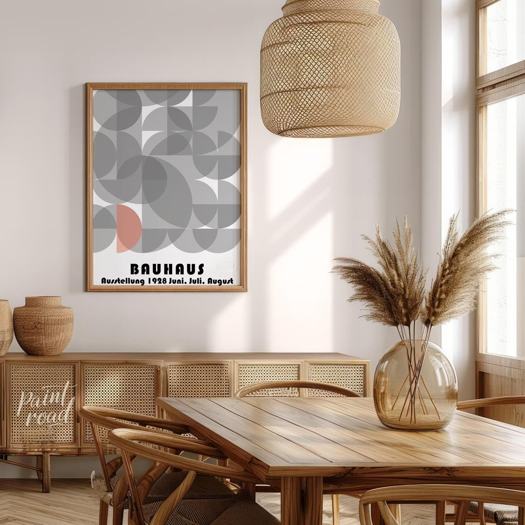 This abstract Bauhaus poster is a vibrant display of interconnected semi-circles and quarter-circle… for dining room