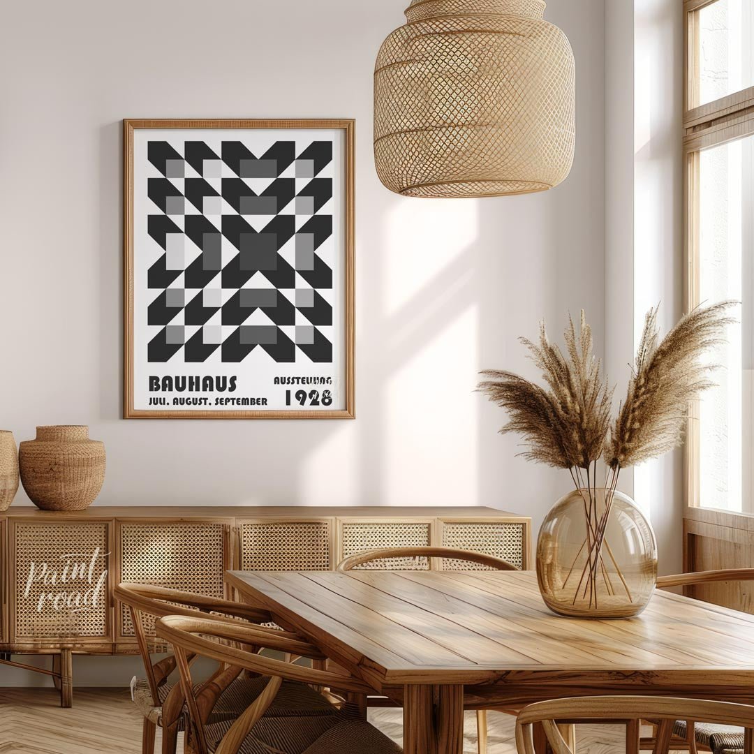 This captivating Bauhaus poster from 1928 features an intricate geometric pattern of squares and di… for dining room
