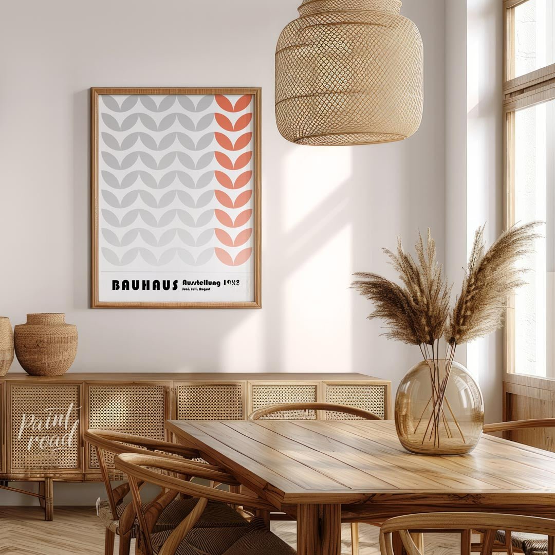 This Bauhaus-inspired poster features a rhythmic pattern of stylized leaf-like or chevron shapes, p… for dining room
