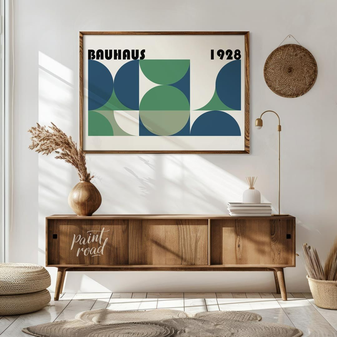 This compelling Bauhaus-inspired poster features a grid-like arrangement of squares and quadrants, … for living room