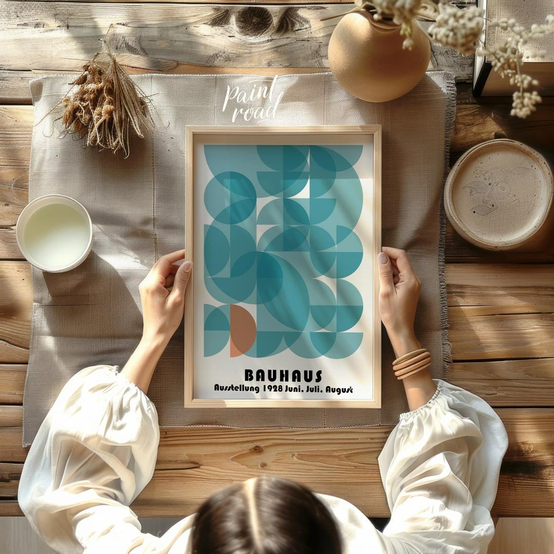 Bauhaus 1928 Teal Geometric Circles Painting available online at Paintroad showing 1928 art and art studio.
