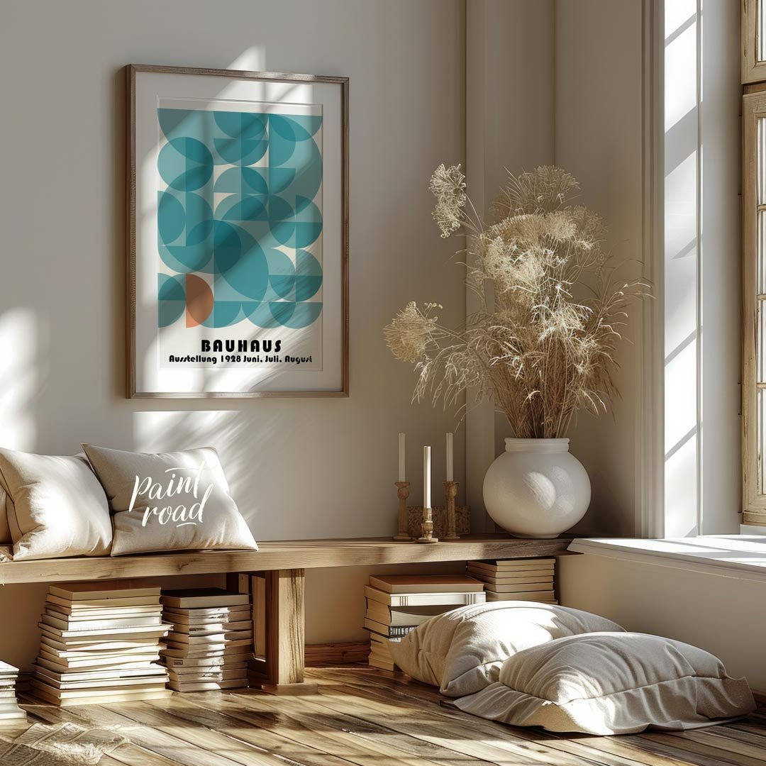 Bauhaus 1928 Teal Geometric Circles Painting available online at Paintroad showing 1928 art and art studio.