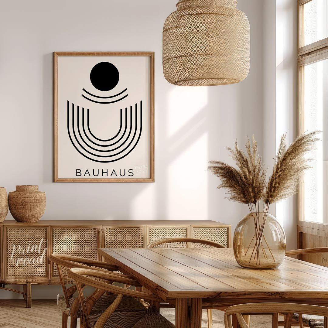 This minimalist Bauhaus-inspired print, "Bauhaus Abstract Arch," features a striking composition of… for dining room
