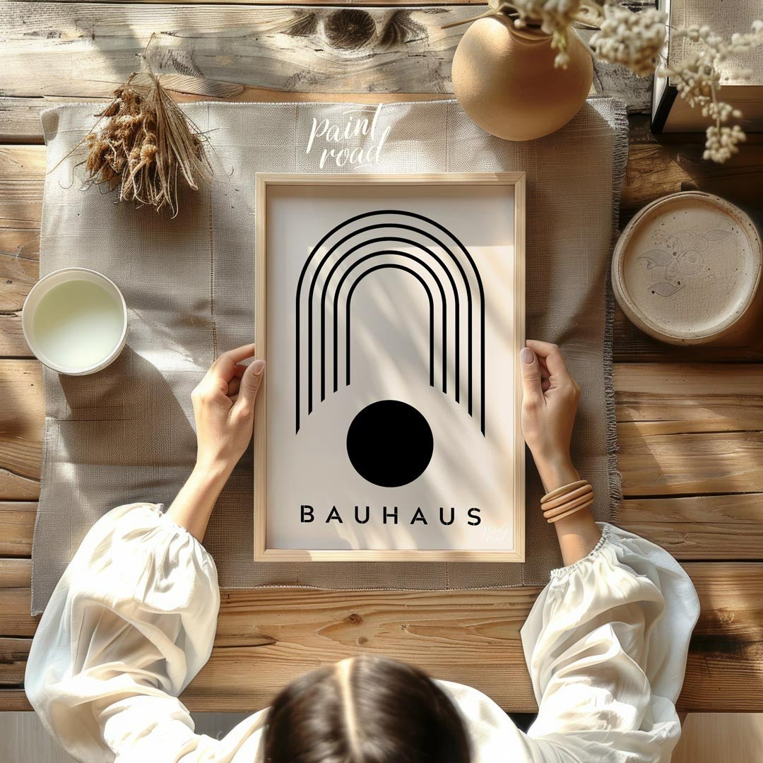 Bauhaus Arch & Circle Painting available online at Paintroad showing aesthetic art print and balanced