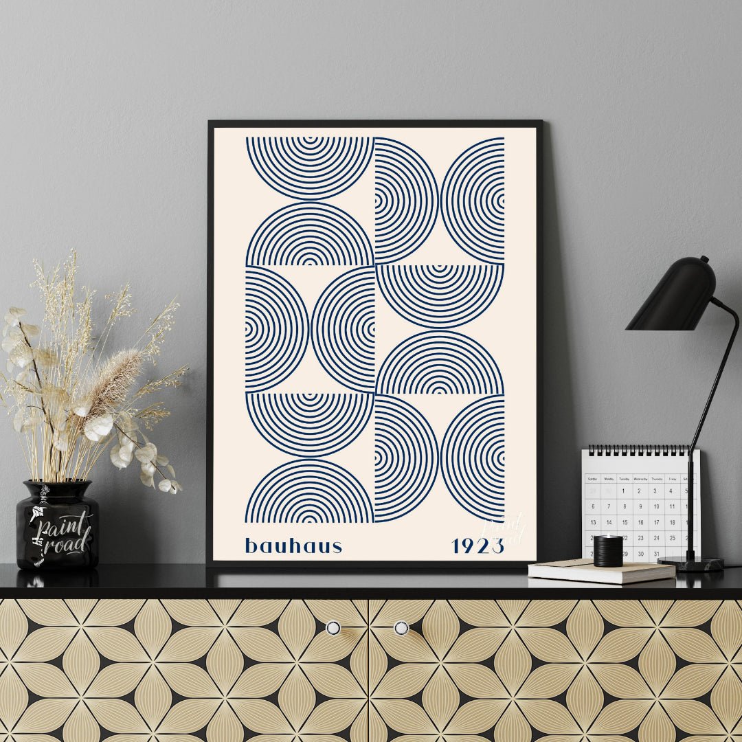 This captivating Bauhaus-inspired print, "Bauhaus Arcs and Circles," presents an intricate geometri… for office