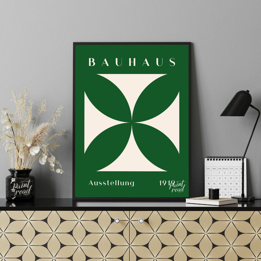 This striking Bauhaus poster, "Bauhaus Ausstellung Cross," features a bold, cream-colored geometric… for office