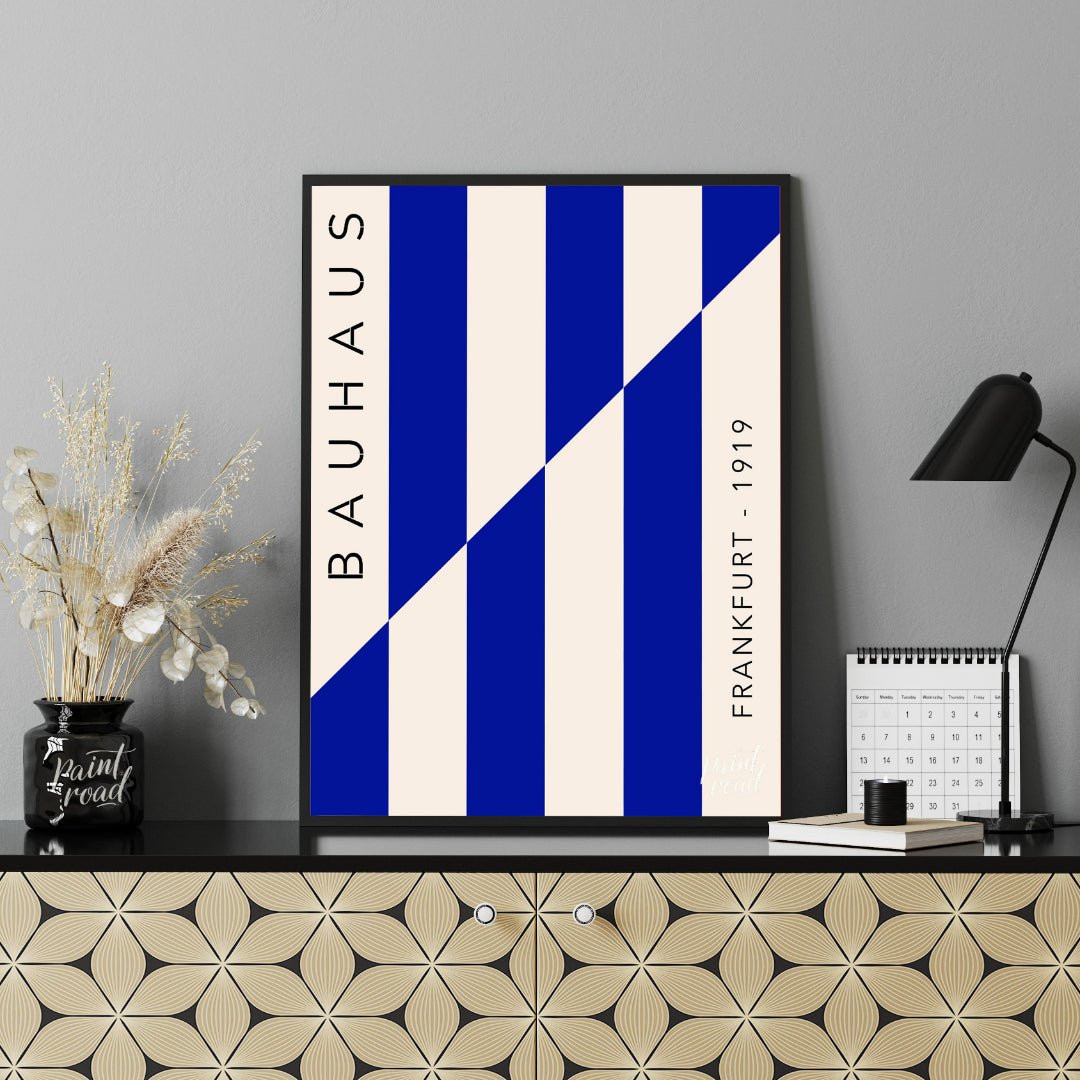 This striking Bauhaus-inspired print features a dynamic composition of bold blue and off-white vert… for office
