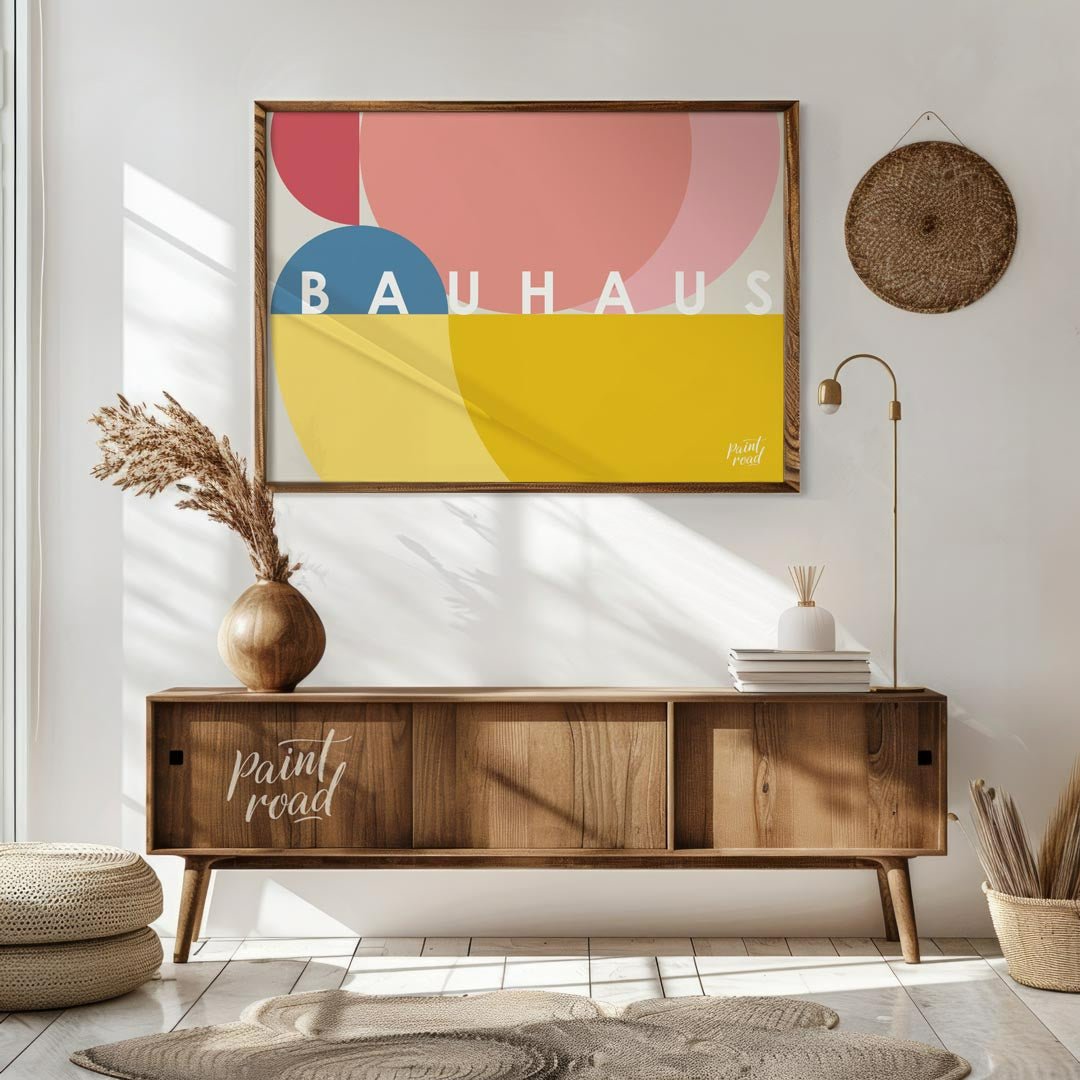 This vibrant Bauhaus-inspired poster features an overlapping composition of large, sweeping circula… for living room