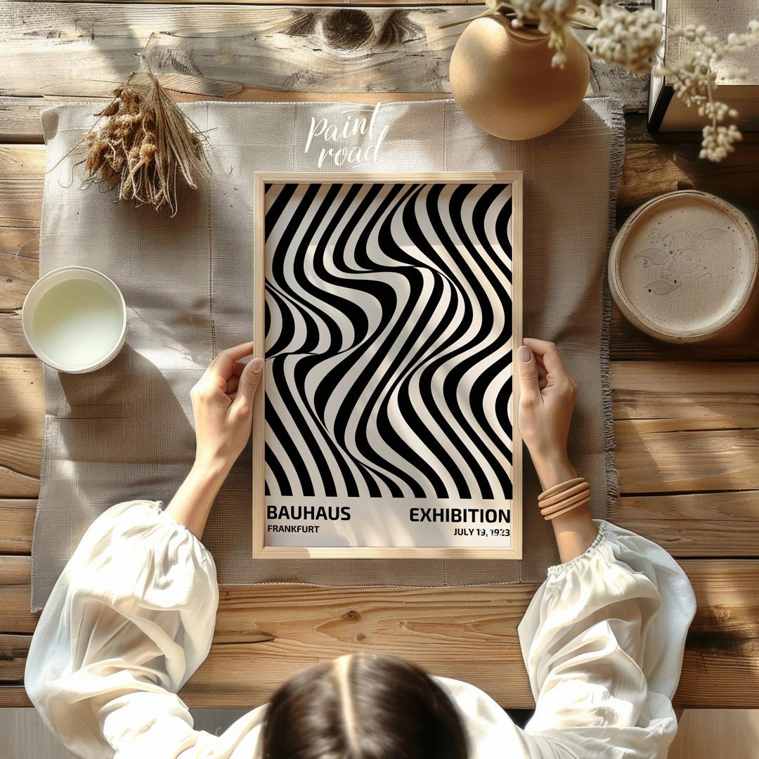 Bauhaus Op Art Swirl Painting available online at Paintroad showing art studio Bauhaus and black and white