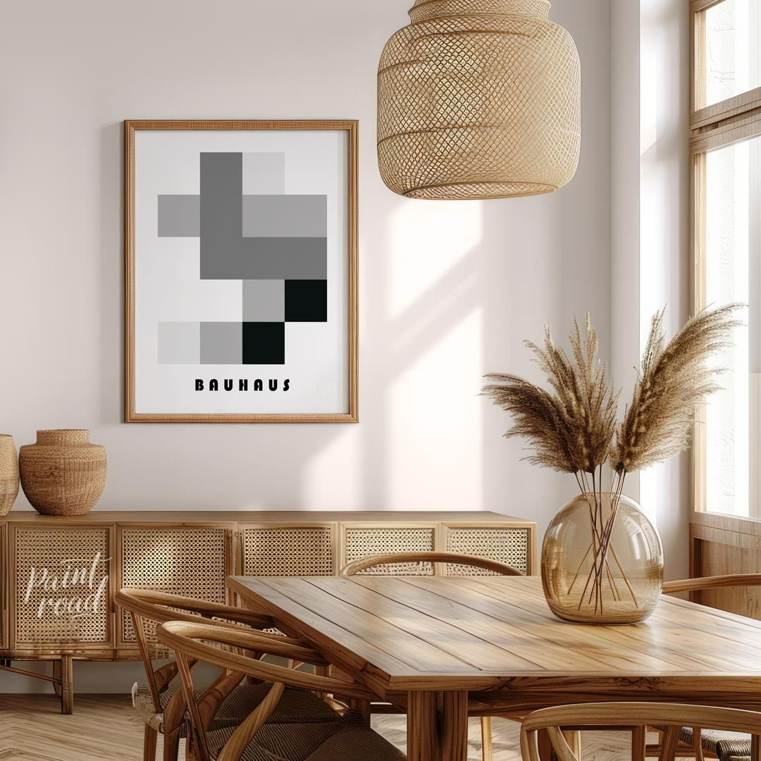 This striking Bauhaus-inspired poster showcases a composition of interlocking rectangles and square… for dining room