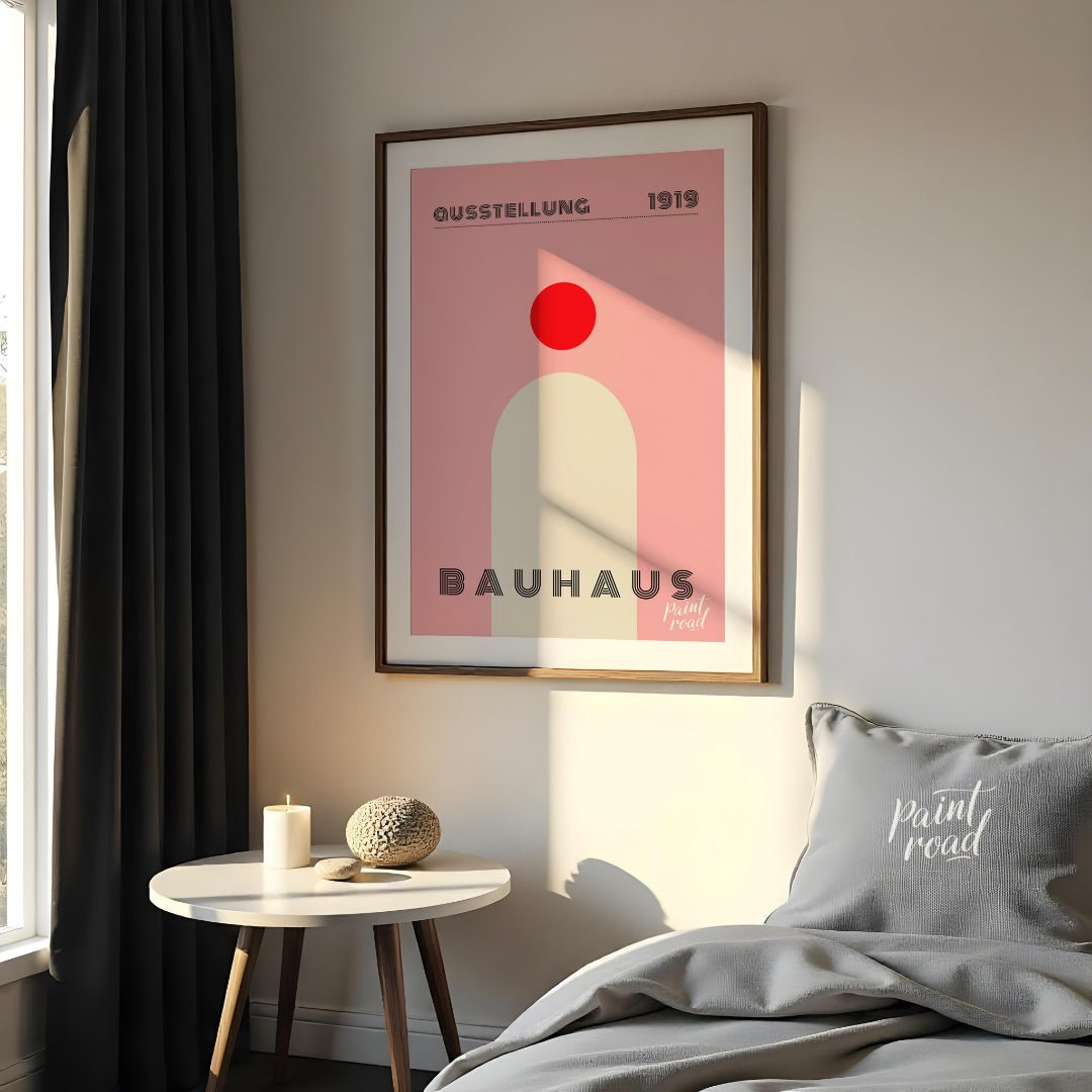 This minimalist Bauhaus poster features a bold red circle positioned above a large, light beige arc… for bedroom