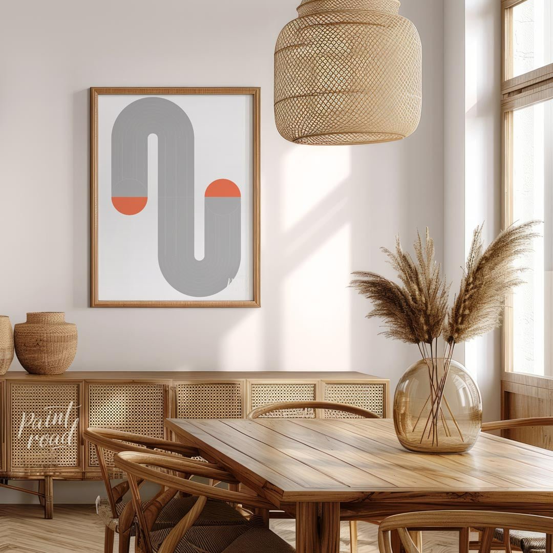 This minimalist Bauhaus-inspired print features a winding serpentine form composed of segmented gre… for dining room