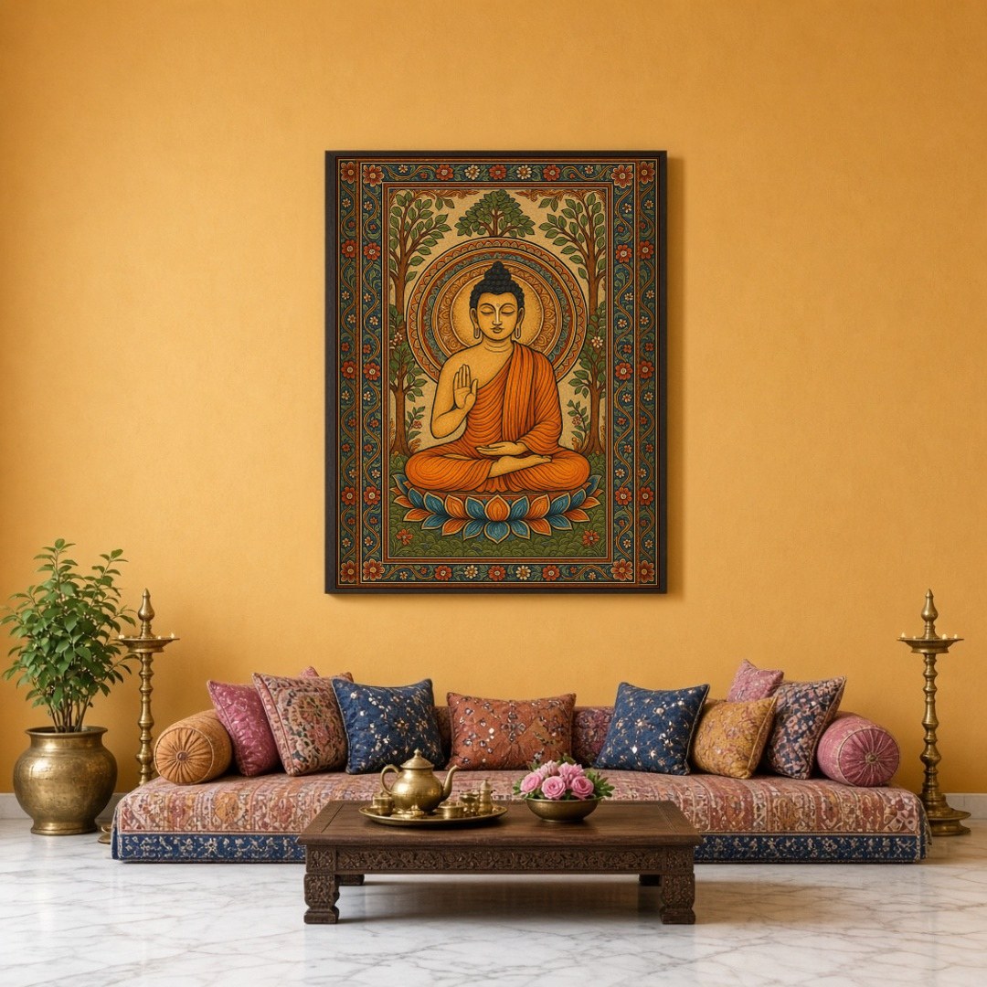 This captivating artwork features Lord Buddha seated serenely on a vibrant lotus amidst an ornate for Sitting Lounge