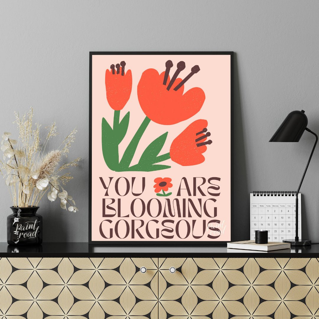 This vibrant digital illustration features stylized, blooming flowers in warm coral and deep green … for office