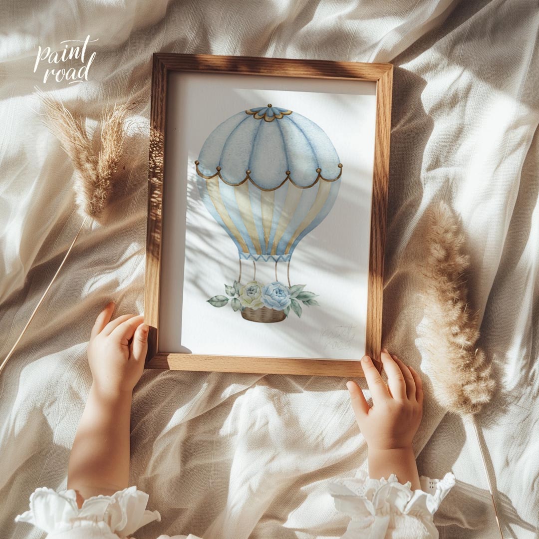 This charming artwork features a vintage-style hot air balloon delicately illustrated in soft beige… for nursery
