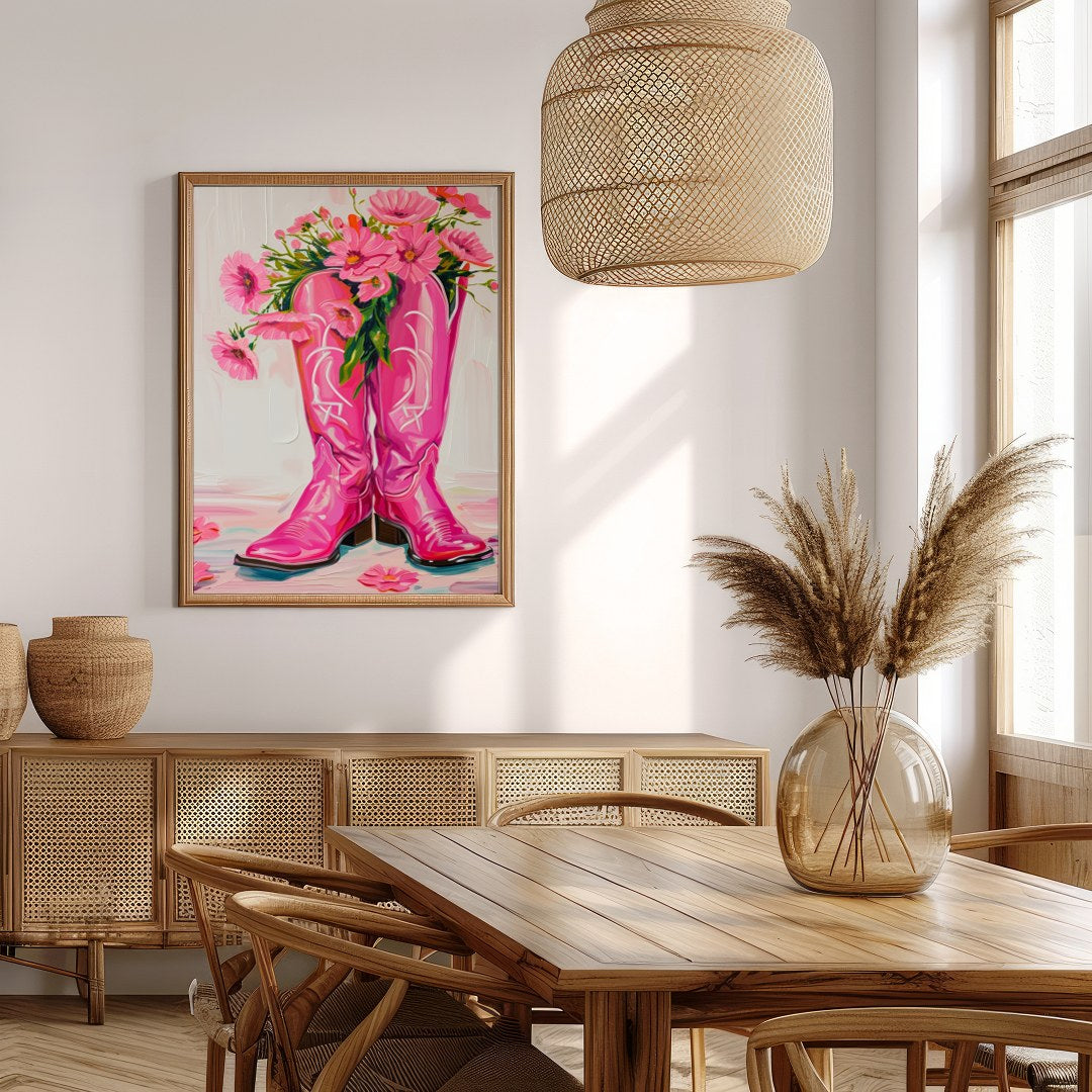 Brighten up your space with this vibrant artwork featuring a pair of bold, pink cowboy boots for Extra Kitchen