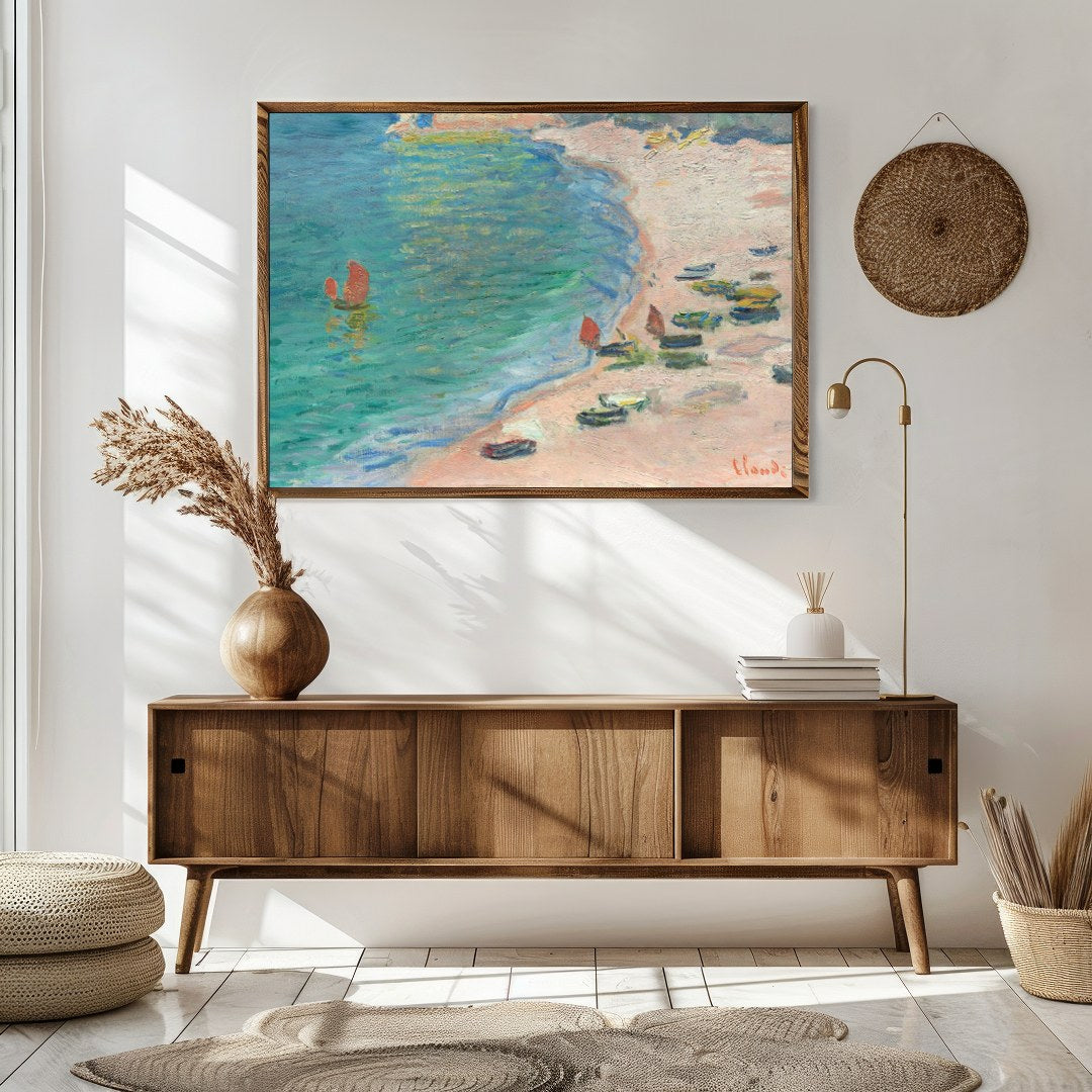 This Impressionist artwork captures a serene coastal scene, with small boats gently resting on a for Sitting Area