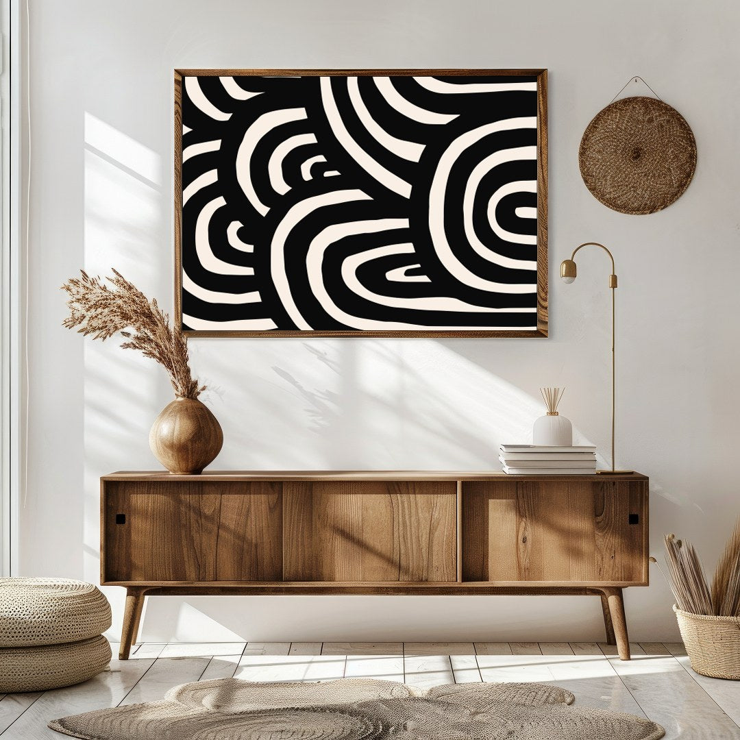 Introduce a striking visual element to your space with the Bold Monochrome Maze. This captivating for Sitting Area