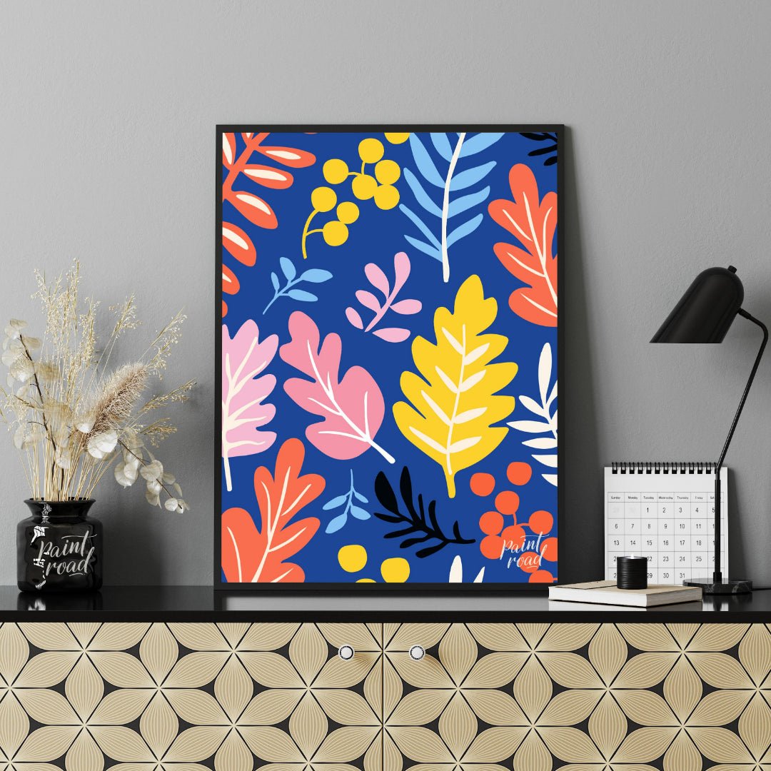 This vibrant digital pattern features a dense arrangement of stylized leaves and berries, rendered … for office