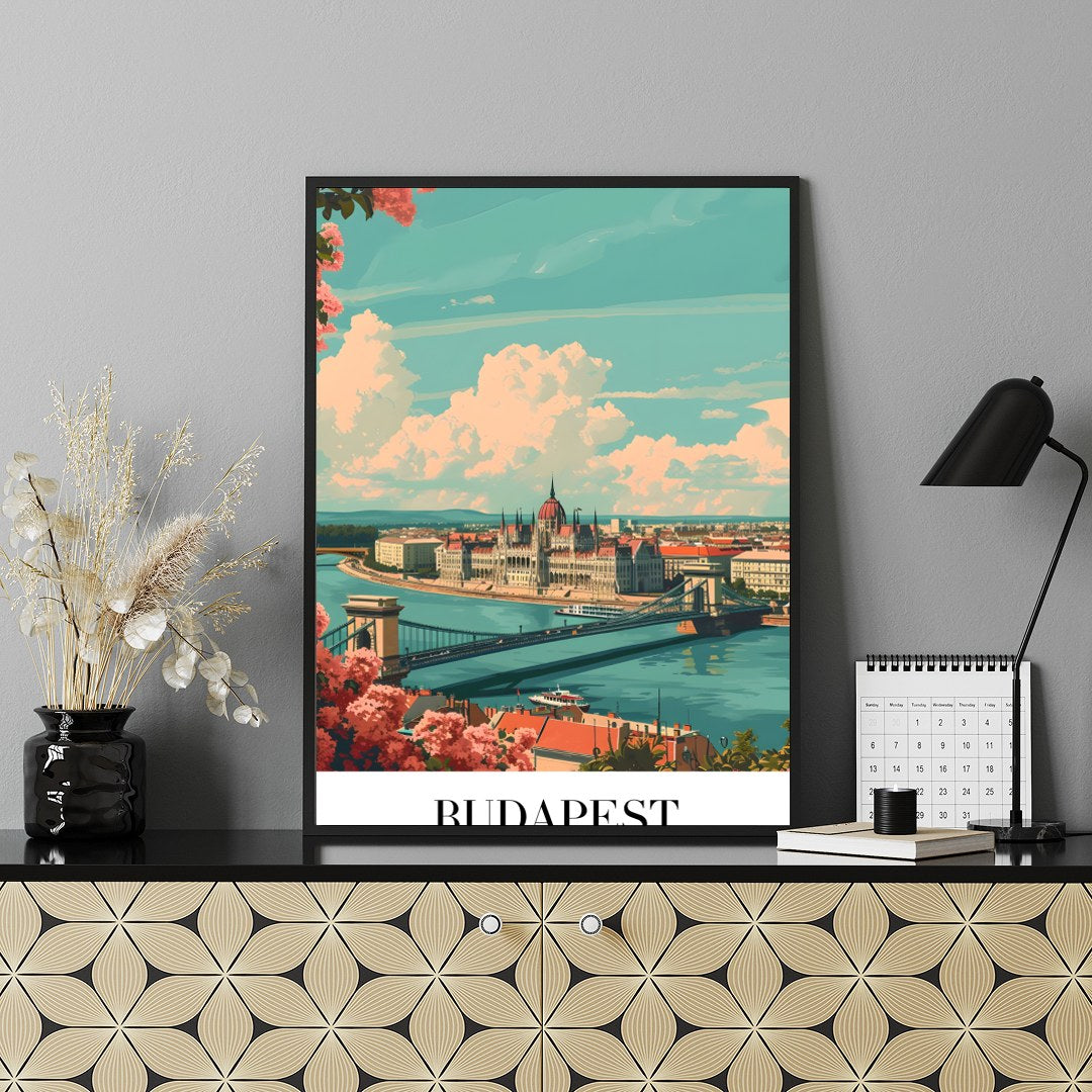 This captivating art print showcases the iconic Budapest skyline with the grand Parliament for Shelf