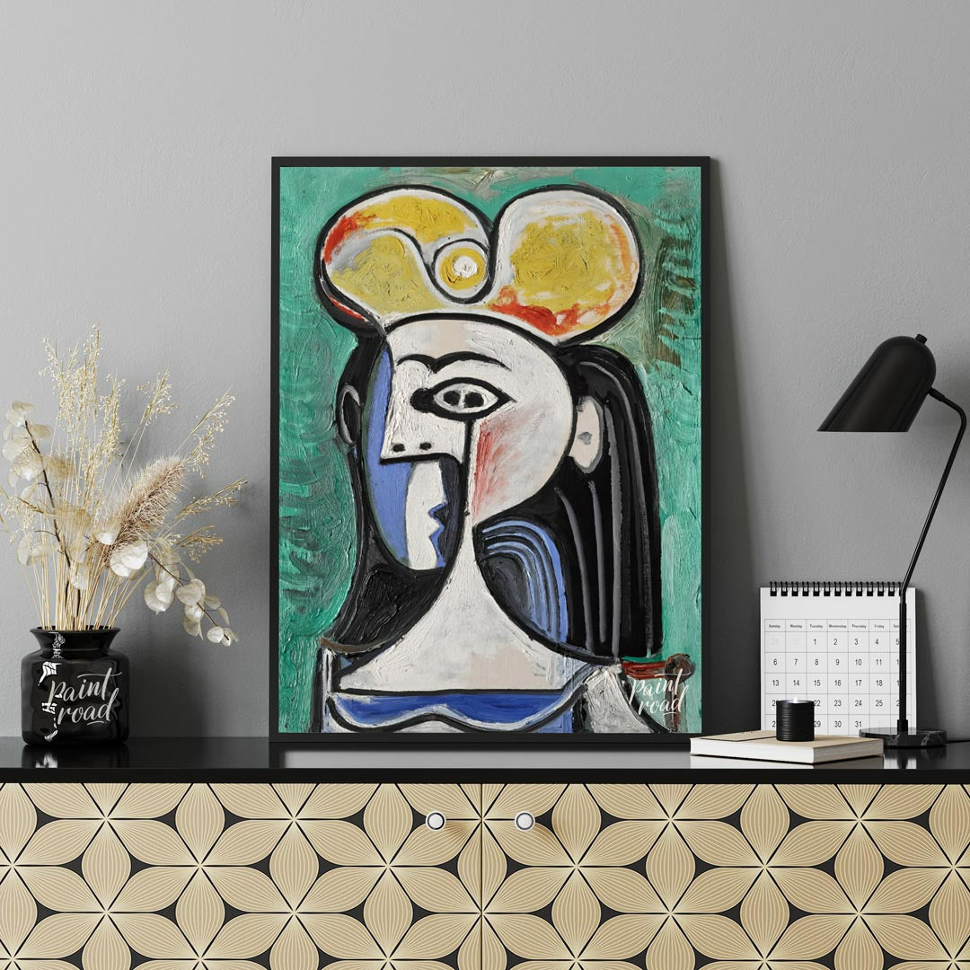 This powerful art print is Pablo Picasso’s “Bust of a Seated Woman,” often recognized as a portrait… for living room